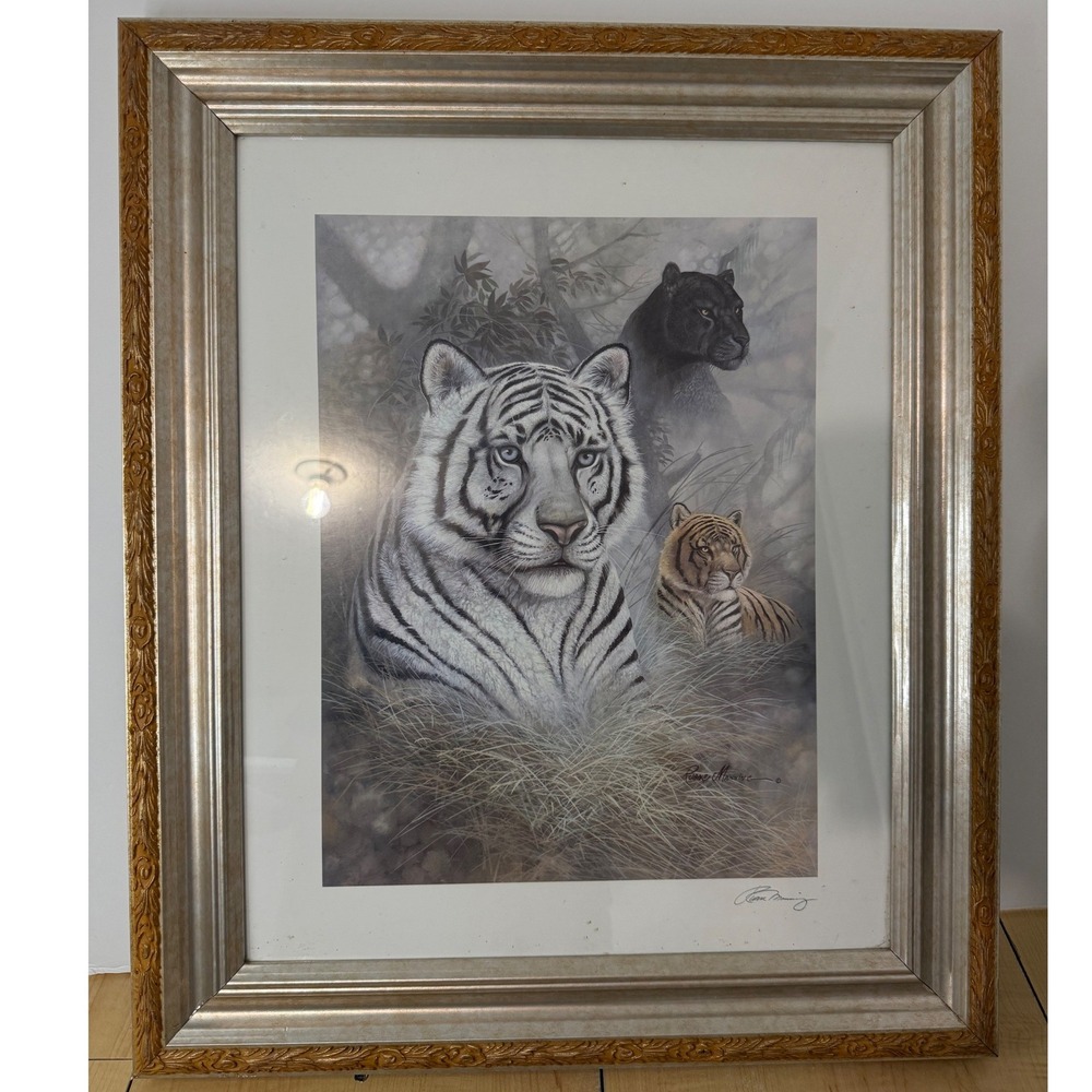 Ruane Manning White Tiger Black Panther Wildlife Art Print Framed 25x21